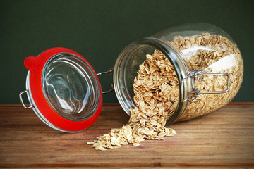 Glass jar of whole-grain cereal oats