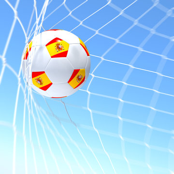 3d rendering of a spain flag on soccer ball in a net