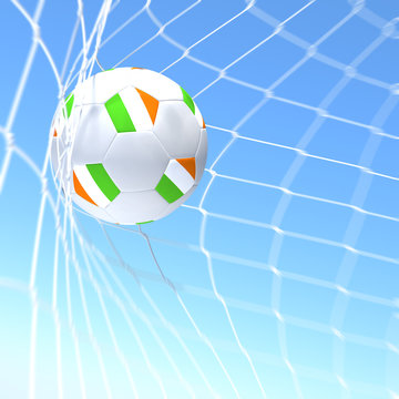 3d rendering of a Ireland flag on soccer ball in a net