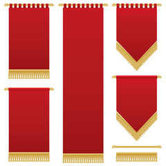 Set of vector red tapestry wall hangings with gold fringing isolated on white