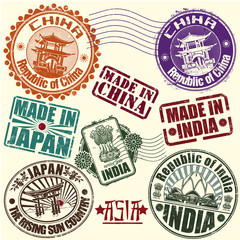 Set of rubber stamps. Asian countries. vector