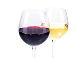 pair of wine glasses with red and white wine