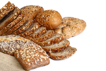 different types of bread on white background