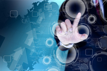 hand of business man pushing a button on a touch screen interfac
