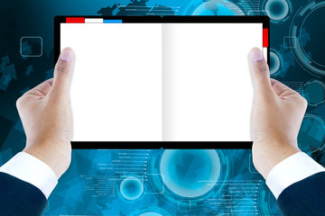 men hand carrying blank book isolated on white background