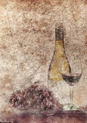 Grunge wine bottle and grapes