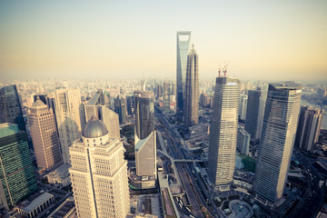 bird's eye view shanghai financial center at dusk