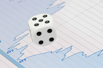 White dice on digital screen with financial chart