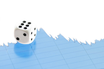 White dice on digital screen with financial chart