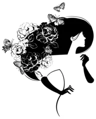 Poster Im Rahmen Schöne Frauensilhouette mit Blumen und Schmetterlingen in haer © pim