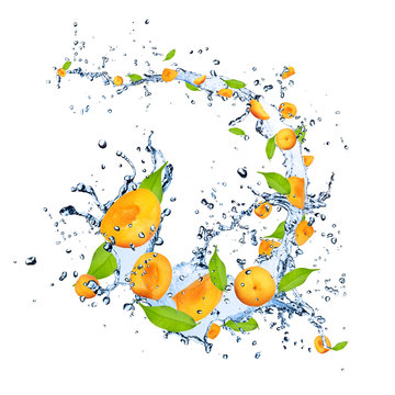 apricots falling in water splash, isolated on white background