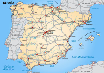 Fototapeta premium Mapa Hiszpanii z autostradami i stolicami