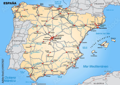 "Landkarte von Spanien mit Autobahnen und Hauptstädten" Stockfotos und