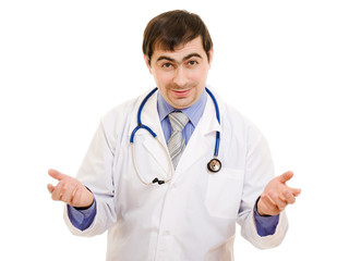 A doctor with a stethoscope speaks on a white background.