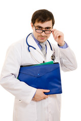 A doctor with a stethoscope and a folder on a white background.