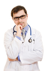 Fototapeta premium The doctor thinks in glasses on a white background.