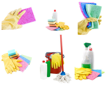 Collection of cleaning products and tools