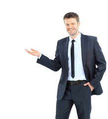 Happy business man presenting and showing with