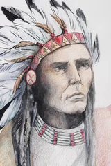 Poster kleurtekening van amerikaanse indiaan met veren © shooarts