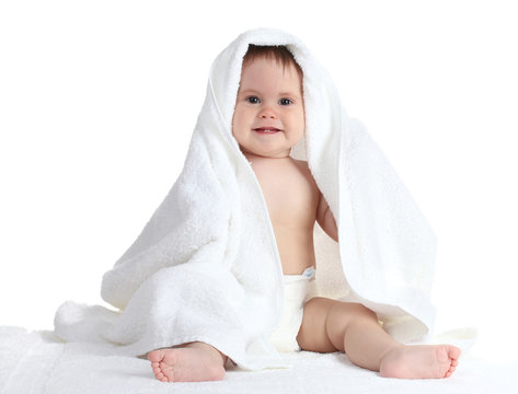 Cute Baby Girl With Towel Isolated On White