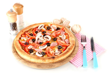 Aromatic pizza with mushrooms isolated on white