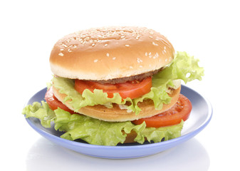 Big and tasty hamburger on plate isolated on white
