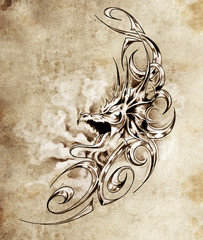 Sketch of tatto art, decorative medieval dragon