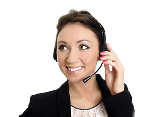 Smiling female customer support operator with headset.