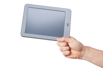 Tablet with a clean screen in hand on a white background.