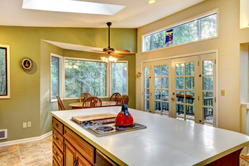 Green large country kitchen with forest view.