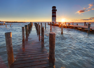 Lighthouse at Lake Neusiedl at sunset