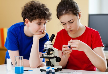 Girl and boy examining preparation under the microscope