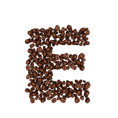 Letter E. Alphabet from coffee beans. isolated on white.