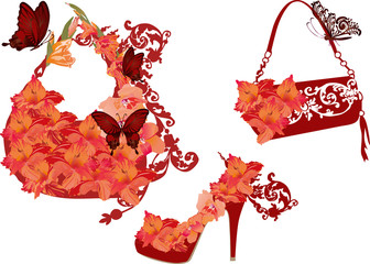 red flower shoe and bags