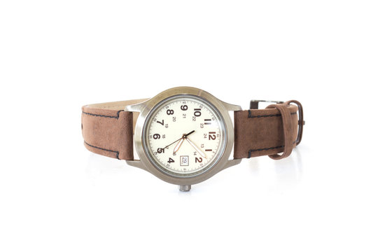Brown leather watch isolated on white background