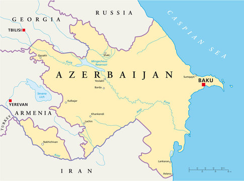 Azerbaijan political map with capital Baku, national borders, most important cities, rivers and lakes. English labeling and scaling. Illustration. Vector.