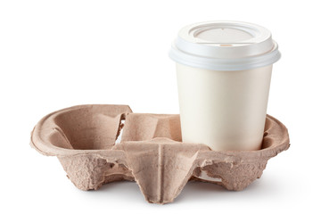 Disposable coffee cup in cardboard holder