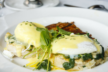 Eggs Florentine Benedict on White Plate