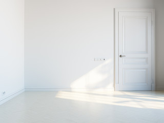 white empty interior with white door and sunlight