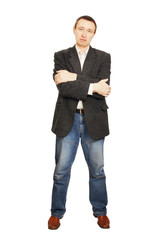 Man in a jacket and dark blue jeans
