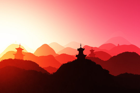Beautiful Oriental Sunset 3D render
