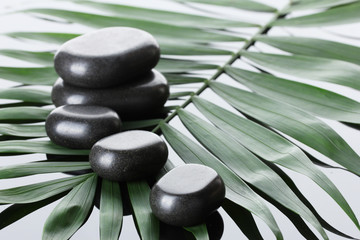 Obraz na płótnie Canvas Spa stones on green palm leaf on grey background