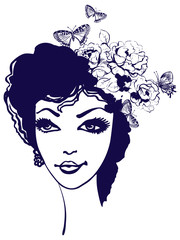 Beautiful woman silhouette with flowers and butterfly in her hai