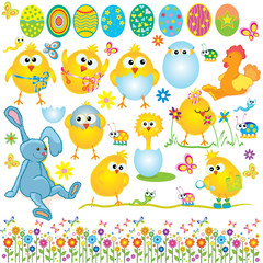 Obraz na płótnie Canvas Zestaw Wielkanoc, uroczy, kury, króliki, kogut, jajko