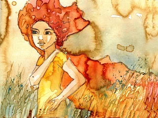 Photo sur Plexiglas Inspiration picturale abstrakcyjna ilustracja ładnej dziewczyny na łące