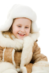The girl in warm clothes smiling on white background.