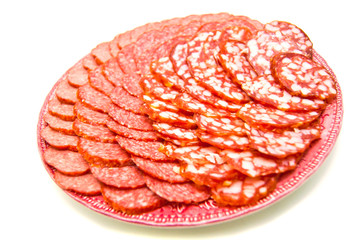 sausage on plate close-up on white