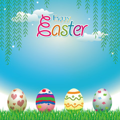 Easter eggs greeting cards with Leaves  sky background