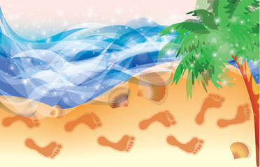 Fototapeta na wymiar Summer banner foot steps on the beach, vector