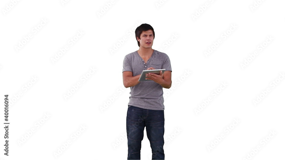 Wall mural man using a tablet to interact with a virtual display